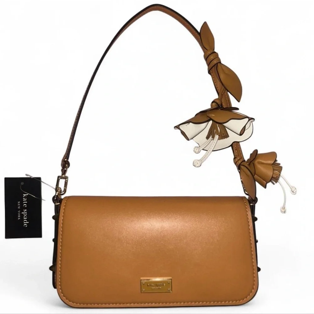 NWT Kate Spade Tan Leather Shoulder Bag with 3D Floral Accent.